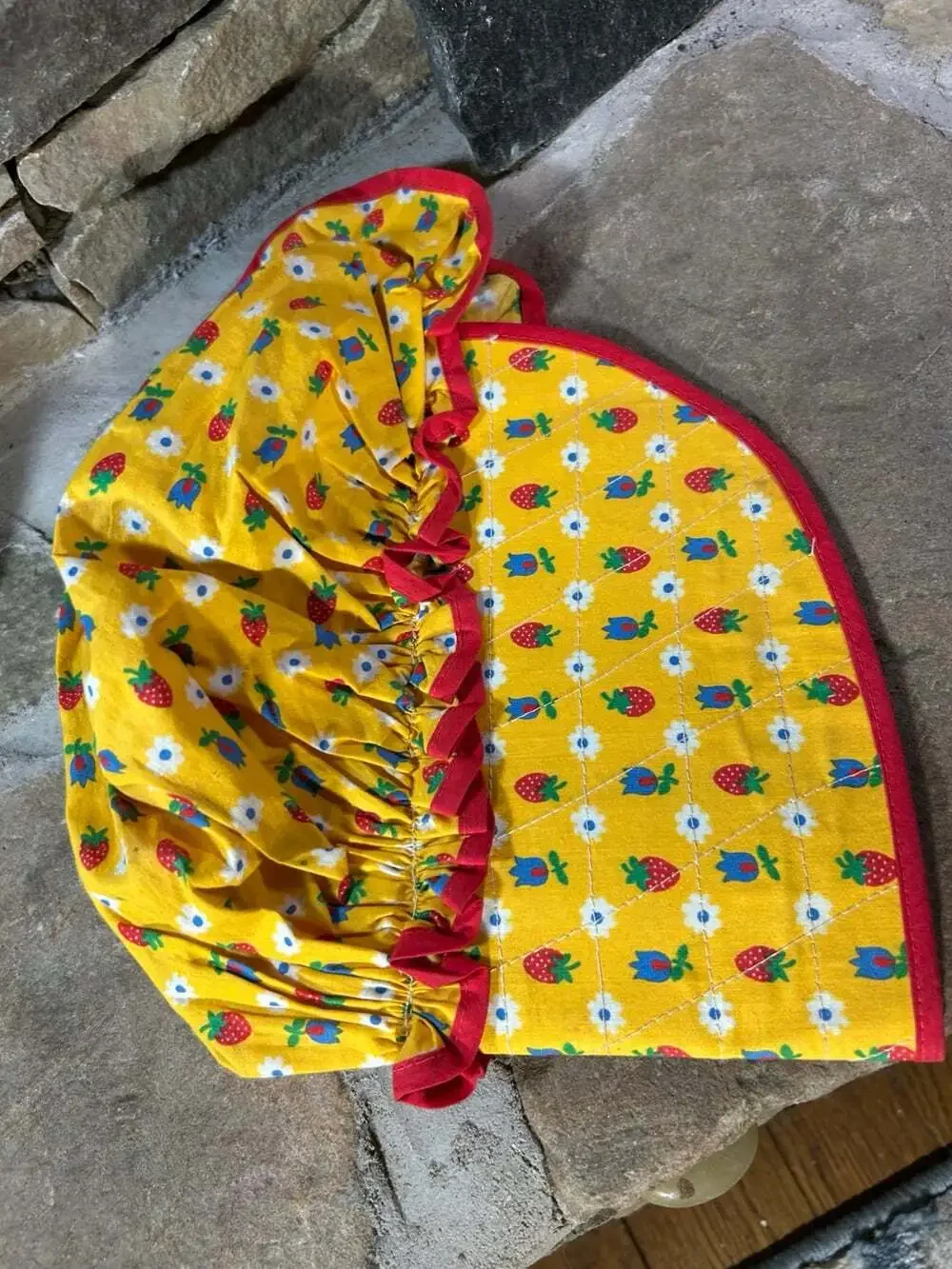 Strawberry and tulips Yellow with red trim adorable Prairie Bonnet costume small